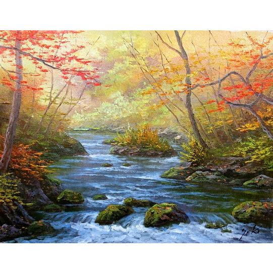 油絵 油彩画 洋画 (油絵額縁付きで納品対応可) F4号 「奥入瀬渓流（秋）」 関 健造