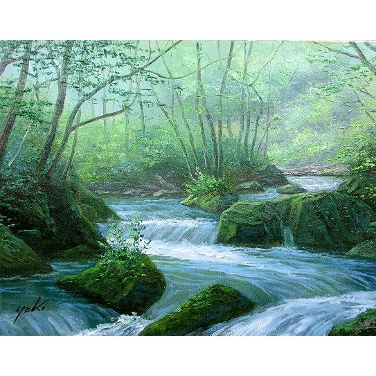 油絵 油彩画 洋画 (油絵額縁付きで納品対応可) F6号 「奥入瀬渓流」 関 健造