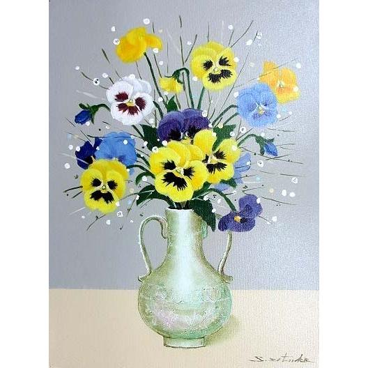 油絵 油彩画 洋画 (油絵額縁付きで納品対応可) F4号 「パンジー」 千賀 節子