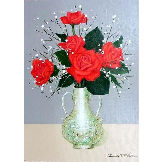 油絵 油彩画 洋画 (油絵額縁付きで納品対応可) SM 「赤薔薇」 千賀 節子