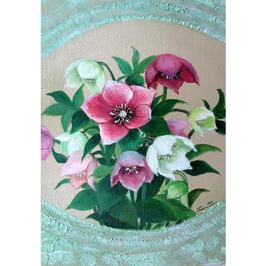 油絵 油彩画 洋画 (油絵額縁付きで納品対応可) F4号 「椿３」 千賀 節子