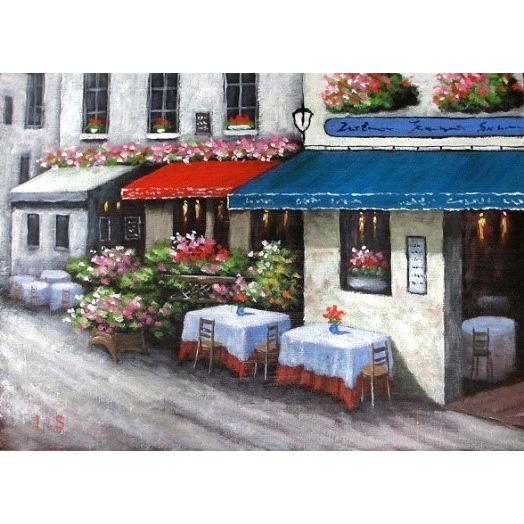 油絵 油彩画 洋画 (油絵額縁付きで納品対応可) WSM 「オープンカフェ」 新屋敷 一平