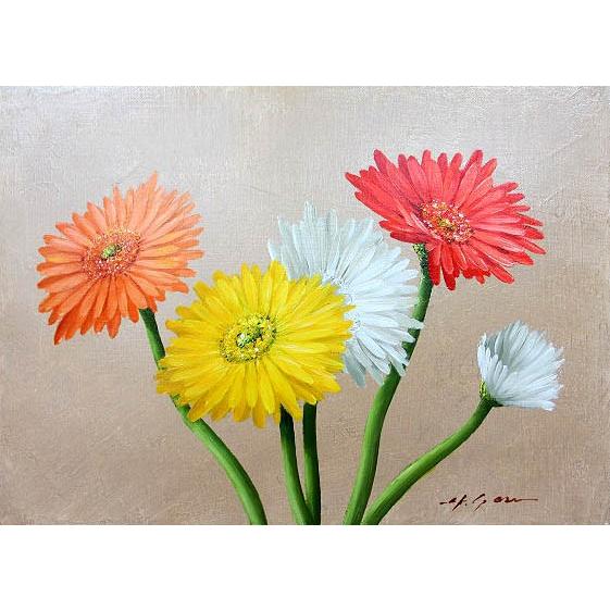 油絵 油彩画 洋画 (油絵額縁付きで納品対応可) SM 「ガーベラ」 安田 英明