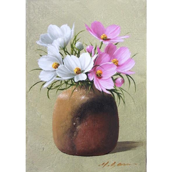 油絵 油彩画 洋画 (油絵額縁付きで納品対応可) SM 「コスモス 花瓶」 安田 英明