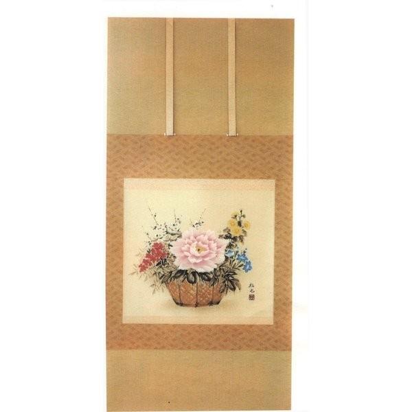 掛け軸 掛軸 純国産掛け軸 床の間 花鳥画 年中掛け 「花 籠」 奥田拓也作 尺八横 桐箱付