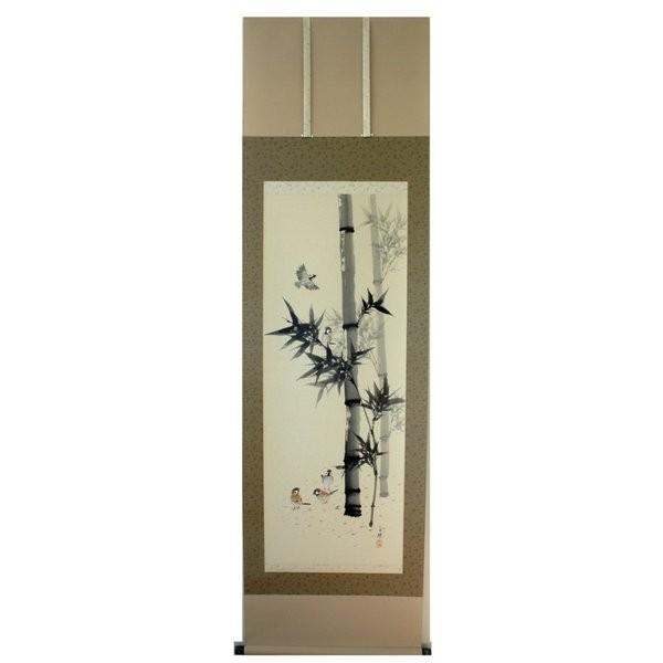掛け軸 掛軸 純国産掛け軸 床の間 花鳥画 年中掛け 「竹に雀」久芳白映作 尺五 桐箱付