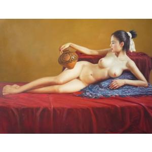 肉筆絵画 油絵 油彩画 洋画 木枠付 (油絵額縁付きで納品対応可) F12号 「壺を持つ裸婦」｜touo