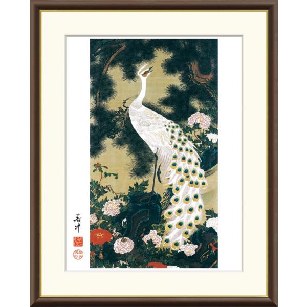 高精細デジタル額装版画 日本の名画 伊藤若冲 (いとう じゃくちゅう) 「 老松孔雀図 」 サイズ ...