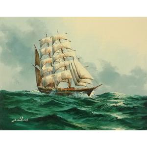 油彩画 洋画 肉筆油絵 F6号 「帆船 海景画」-88- 特価｜touo