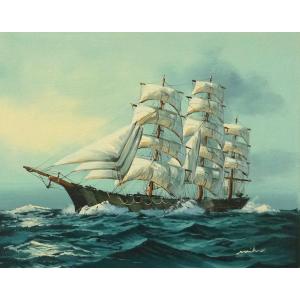 油彩画 洋画 肉筆油絵 F6号 「帆船 海景画」-120- 特価｜touo