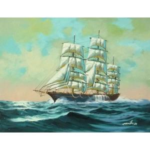 油彩画 洋画 肉筆油絵 F6号 「帆船 海景画」-116- 特価｜touo