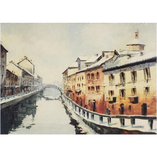 ヨーロッパ絵画 肉筆油絵 50X70 ヴィルギリ作 「冬のベニス」