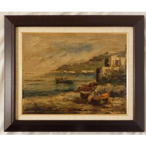 ヨーロッパ絵画 肉筆油絵 40X80 サンジオバンニ作 「朝焼けの海