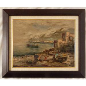 ヨーロッパ絵画 肉筆油絵 40X80 サンジオバンニ作 「朝焼けの海