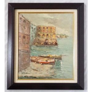 ヨーロッパ絵画 肉筆油絵 F8号 コルシニ作「ナポリの港」＋新品額縁付｜touo