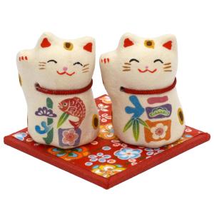 ちぎり和紙 紅白招き猫ミニ 2個1組 [卓上マスコット] : 人形の東籬
