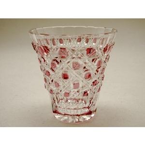 TS007R瀧澤硝子工芸 江戸切子伝統工芸士 瀧澤利夫作 江戸切子 細ぐい呑み・八角籠目紋 金赤