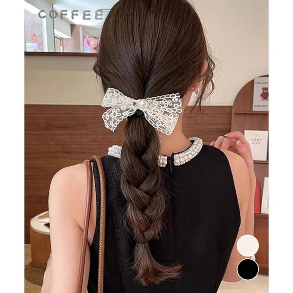 シュシュ レースリボン パール ヘアゴム