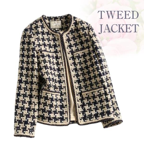 ツイード ジャケット レディース  ノーカラージャケット ツイード アウター 春 秋 冬 オフィスカ...