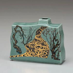 高岡銅器 銅製花瓶 福寿 木瓜に鳥 10号 美術工芸品 記念品 花活 : 日本