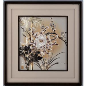 富士風水絵画 彫金パネル 富士の四季 「富士湖畔」彫金作 北 光修