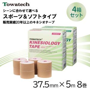 【送料無料】トワテック キネシオロジーテープ ソフトタイプ 3.75cm×5m 8巻 4箱セット キネシオテープ スポーツテーピング 伸縮テープ 指 膝 37.5mm｜towatech