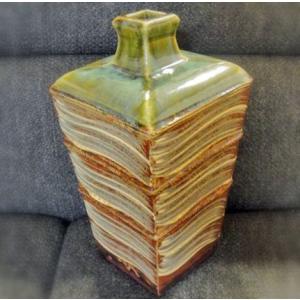 送料無料 ◇ 工芸品 陶磁器 秋坂窯 加藤宇助 青銅釉青流 花瓶 直径175