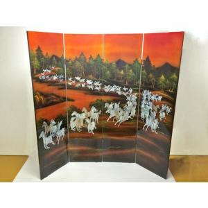 螺鈿細工 四曲屏風 大型 木製 アンティーク 和家具 インテリア 絵画 工芸品 漆 ◇ 屏風 四曲一隻 九雀 螺鈿 インテリア : 日本