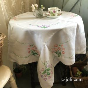 英国アンティーク】手刺繍リネンテーブルクロス T527 : Antique CJoli