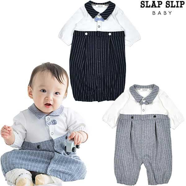 SLAP SLIP スラップスリップ　リボンタイ+襟付きストライプ柄2WAYオールベビー　50~70...