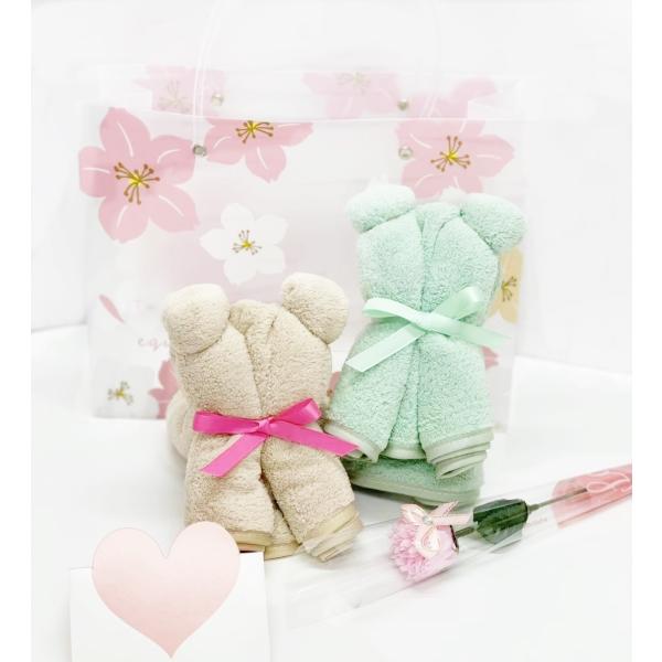 母の日　誕生日プレゼント　桜サクラプリント手提げ袋付とクマちゃんに造形したフェイスタオル2枚セット　...