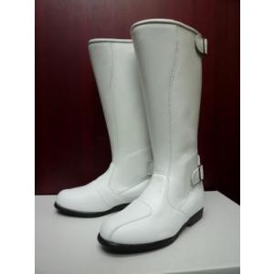 ホワイトバイクブーツ 金色エンブレム付き バイクブーツ メンズ 27.5cm 牛革 ブーツ ツーリングブーツ