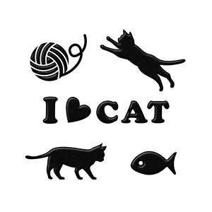 猫　蒔絵シール　love cat 　「キャット（毛糸玉と魚） 黒」