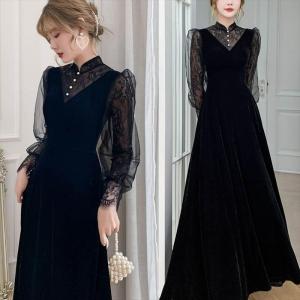 パーティードレス 黒 カクテルドレス 黒 カラードレス 演奏会 袖あり コンサート ロングドレス 結婚式 カクテルドレス ロング イブニングドレス