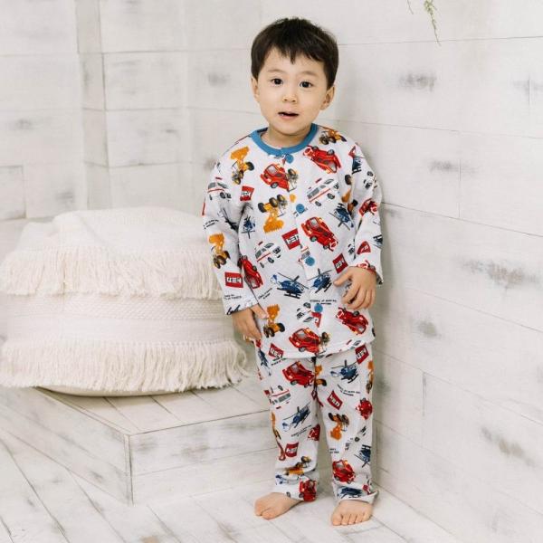 TOMICA トミカ 前開き長袖パジャマ 総柄 キルト 腹巻付き ブルー×100cm