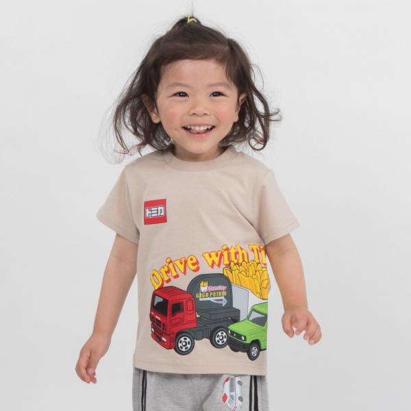 TOMICA トミカ 前後プリント 半袖Tシャツ(ベージュ×95cm)