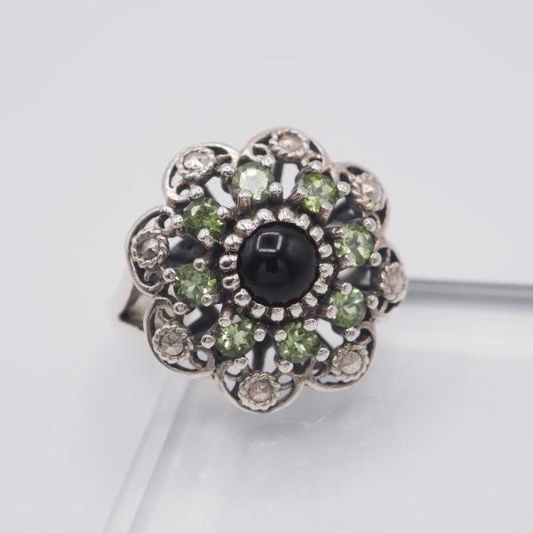 F347 オニキス ペリドット 925刻印 リング フラワー 花 透かし細工 デザイン シルバー 指...