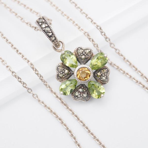 H636 シトリン ペリドット マーカサイト マルカジット 925刻印 ペンダント ネックレス クロ...