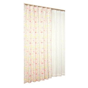 ユニベール ねこ柄ドレープ&amp;ねこ柄レースカーテンセット さんぽだにゃん ピンク 幅100×丈200cm 4枚組