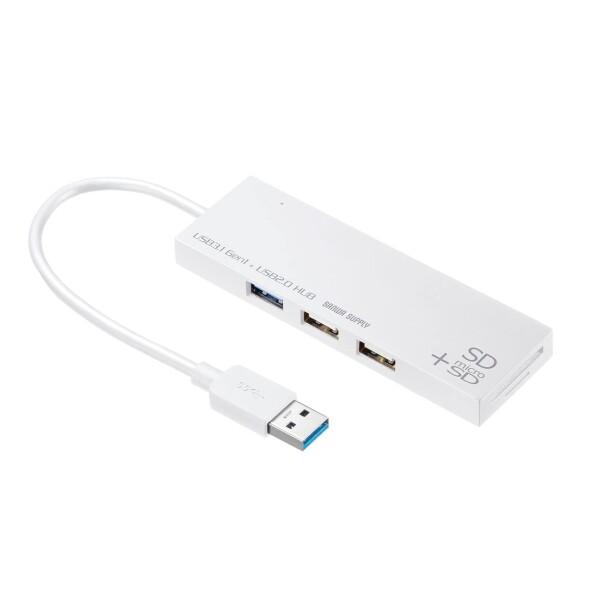 サンワサプライ USB3.1+2.0コンボハブ カードリーダー付き(ホワイト) USB-3HC316...
