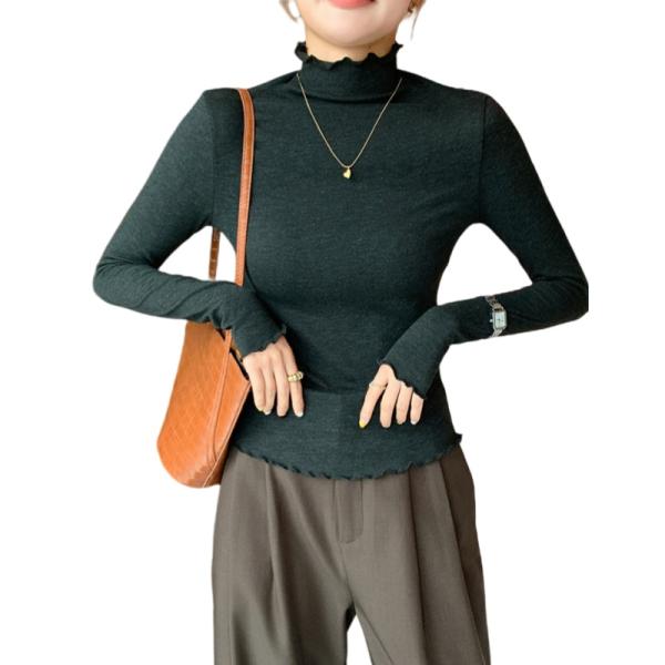 カットソー レディース 長袖 ハイネック 木目フリル リブトップス タートルネックTシャツ スリムフ...