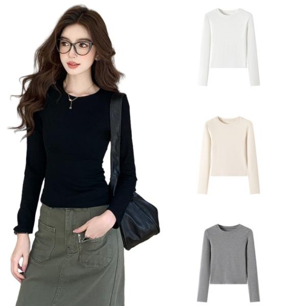 長袖Tシャツ レディース カットソー 無地 シンプル 丸首 スリムフィット 伸縮性 トップス 秋冬 ...