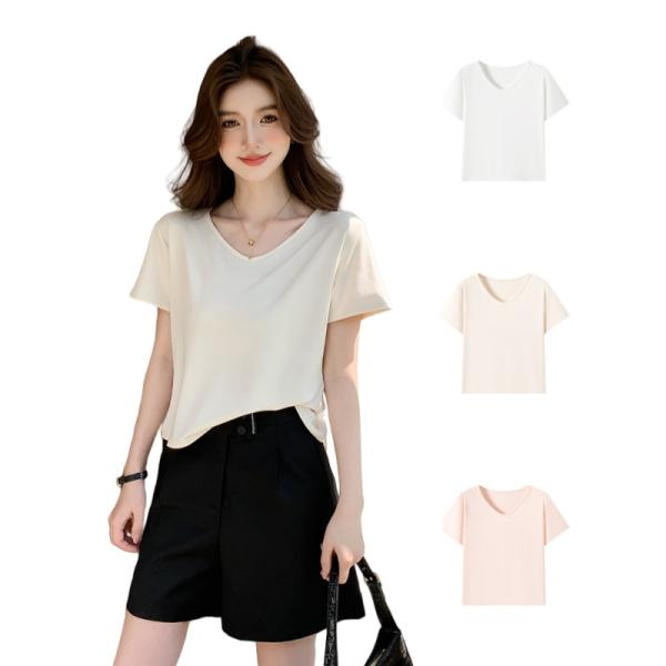 レディース Tシャツ 半袖 Vネック カットソー 無地 シンプル トップス 夏服 薄手 着回し カジ...