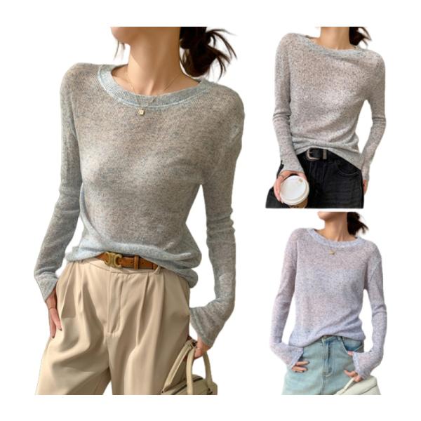 レディース 薄手ニット 長袖トップス シアー ニットソー クルーネック 春秋 冷房対策 おしゃれ シ...