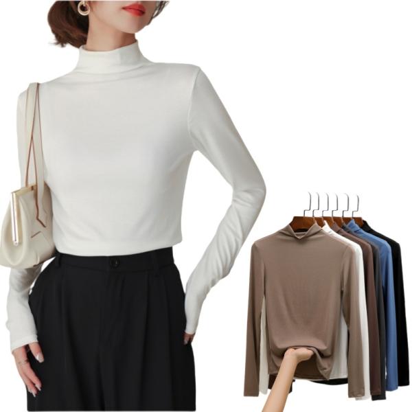 レディース ハイネック 長袖Tシャツ 無地 インナーシャツ ストレッチトップス ベーシック カットソ...
