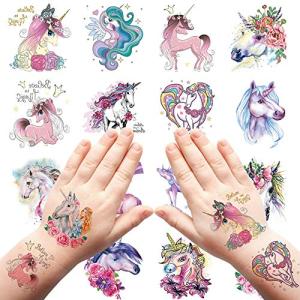 Fanoshon タトゥーシール こども ミディアム ユニコーン花柄 かわいい 子供のドリーミーボディシール 15枚入一時的キッズ仮装小道具 コスプレ
