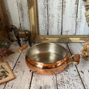 ≫80-90s ヴィンテージ 未使用*古い純銅 槌目 両手鍋20cm*ウッド 木の