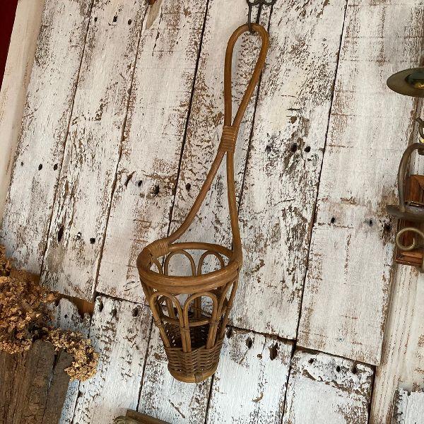 ≫70-80s ヴィンテージ*ラタン ハンギング フラワーベース*籐 花籠*吊り下げ 花器 花瓶*ド...