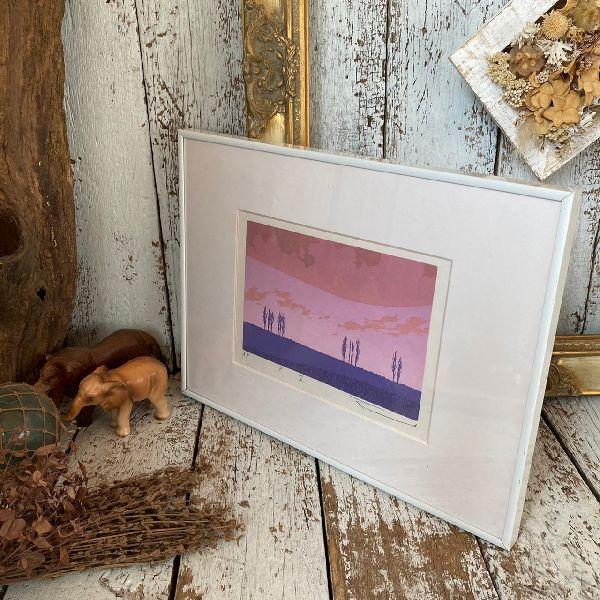 真作保証*稀少*紺綬褒章受章 本間武男 作*直筆サイン入り シルクスクリーン 版画 AP*夕空*額装...