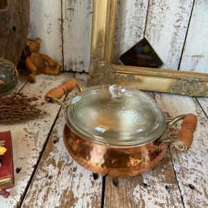 ≫80-90s ヴィンテージ 未使用*古い純銅 槌目 両手鍋20cm*ウッド 木の